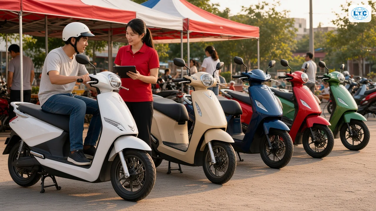 Khách lái thử xe máy điện tại Hội chợ Thu Xăng Đổi Điện Luân Thành Công Thuận An Bình Dương
