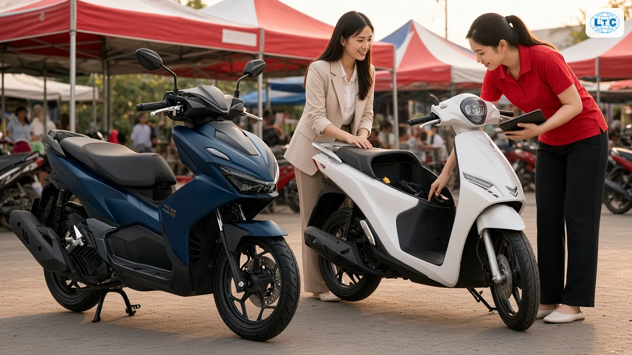 Tư vấn viên giới thiệu cốp VinFast Feliz 2025 cạnh Honda Air Blade 125 cho khách tại Bình Dương