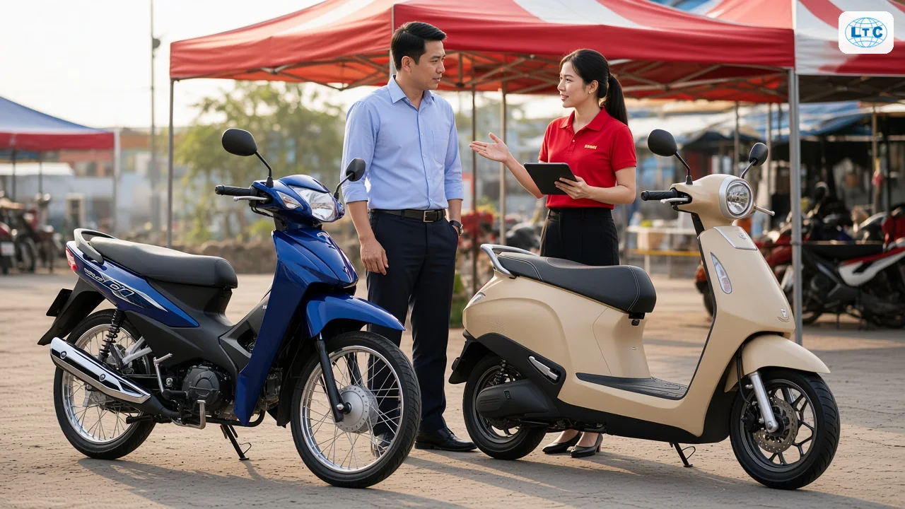 Tư vấn viên Luân Thành Công so sánh Honda Wave Alpha 110 và VinFast Evo Grand cho khách tại Bình Dương