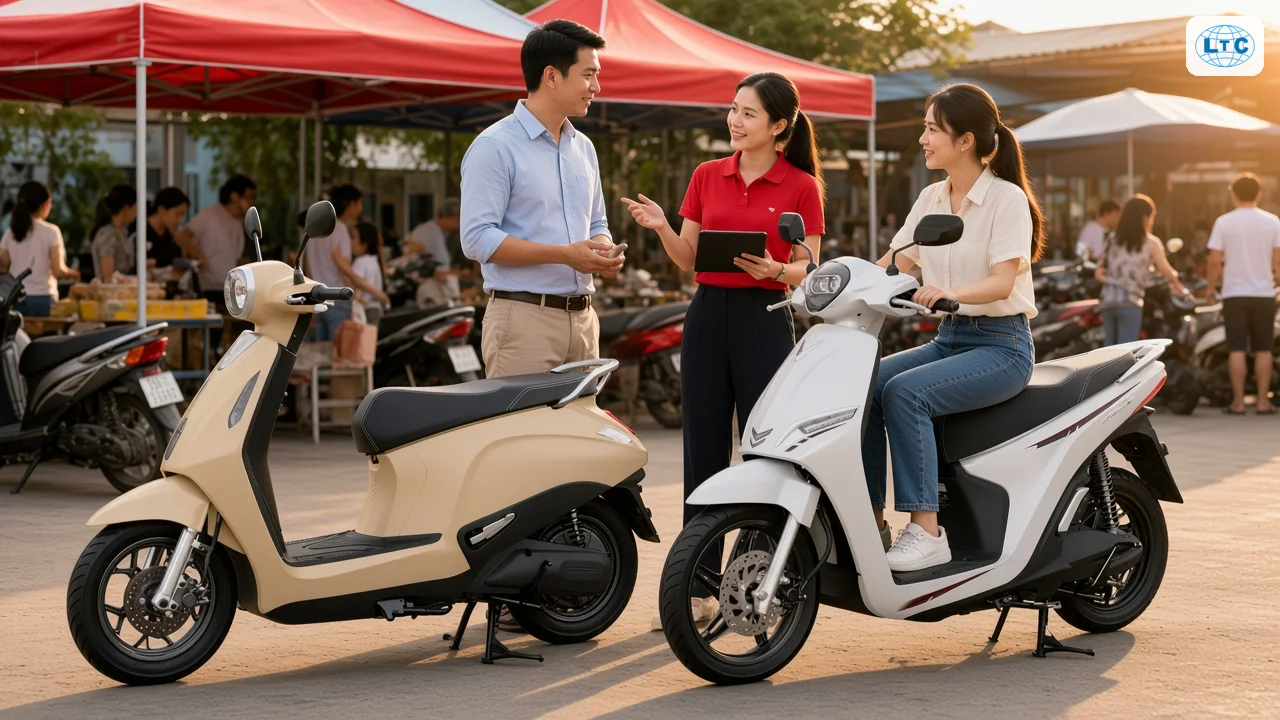 Khách ngồi thử VinFast Feliz 2025 cạnh VinFast Evo Grand, tư vấn viên Luân Thành Công giải thích tại Bình Dương
