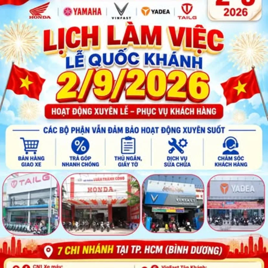 Hệ thống 7 chi nhánh đa thương hiệu Honda Yamaha VinFast Yadea Tailg của Luân Thành Công tại Bình Dương