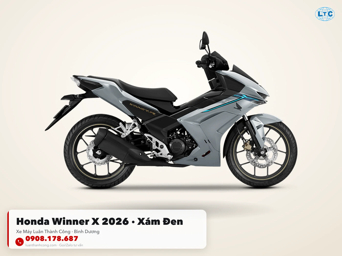 Honda Winner X 2026 xám – đen toàn thân tại Luân Thành Công Bình Dương