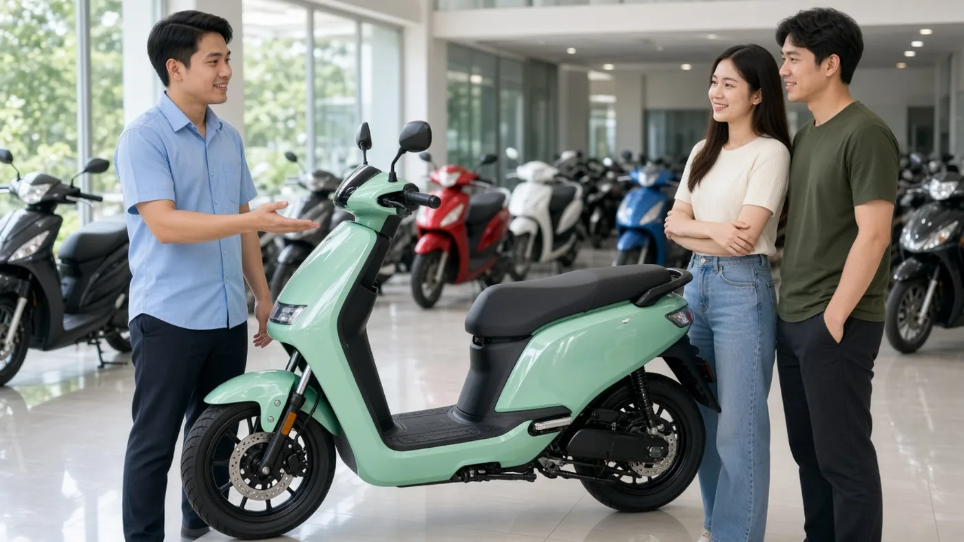 Nhân viên bán xe điện tư vấn khách tại Bình Dương – Luân Thành Công