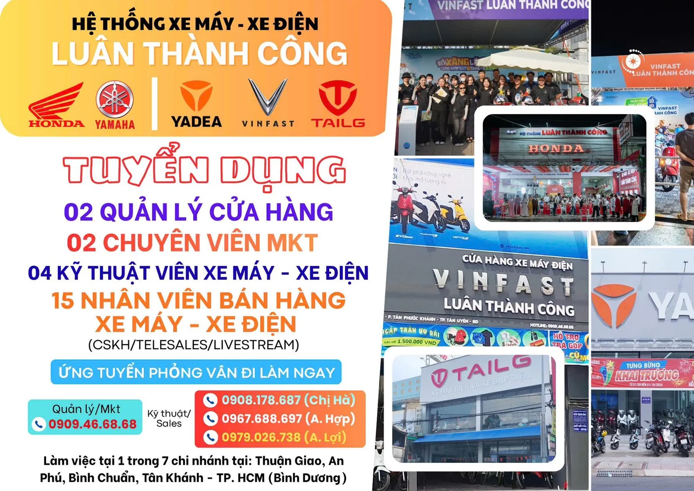 Hệ thống xe máy xe điện Luân Thành Công Bình Dương tuyển dụng quản lý cửa hàng, marketing, kỹ thuật viên, nhân viên bán hàng