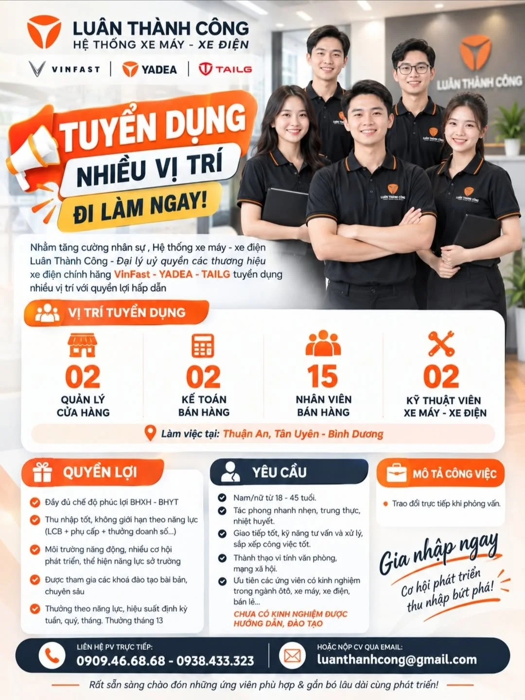 Luân Thành Công Bình Dương tuyển dụng nhiều vị trí đi làm ngay: quản lý cửa hàng, kế toán, nhân viên bán hàng, kỹ thuật viên