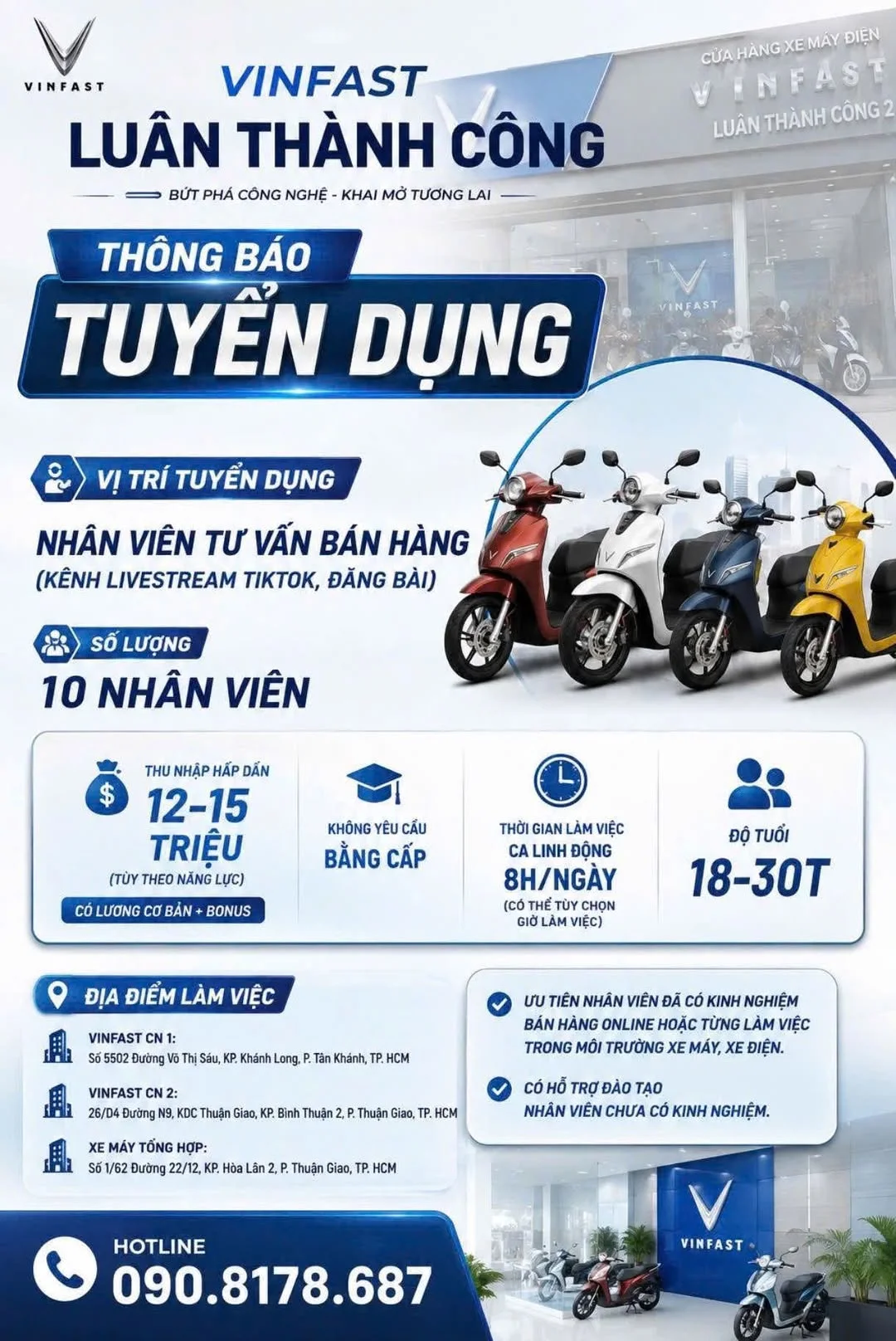 VinFast Luân Thành Công Bình Dương tuyển dụng nhân viên tư vấn bán hàng livestream TikTok