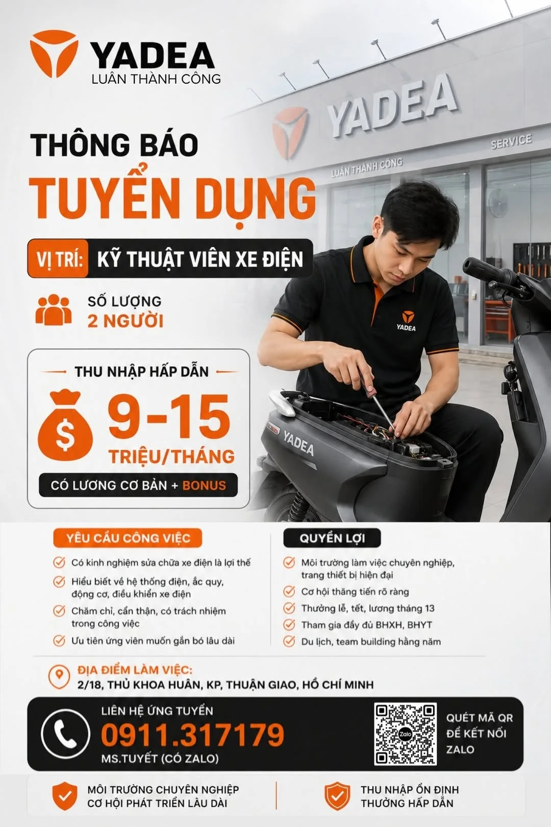 Yadea Luân Thành Công Thuận Giao Bình Dương tuyển kỹ thuật viên xe điện thu nhập 9-15 triệu