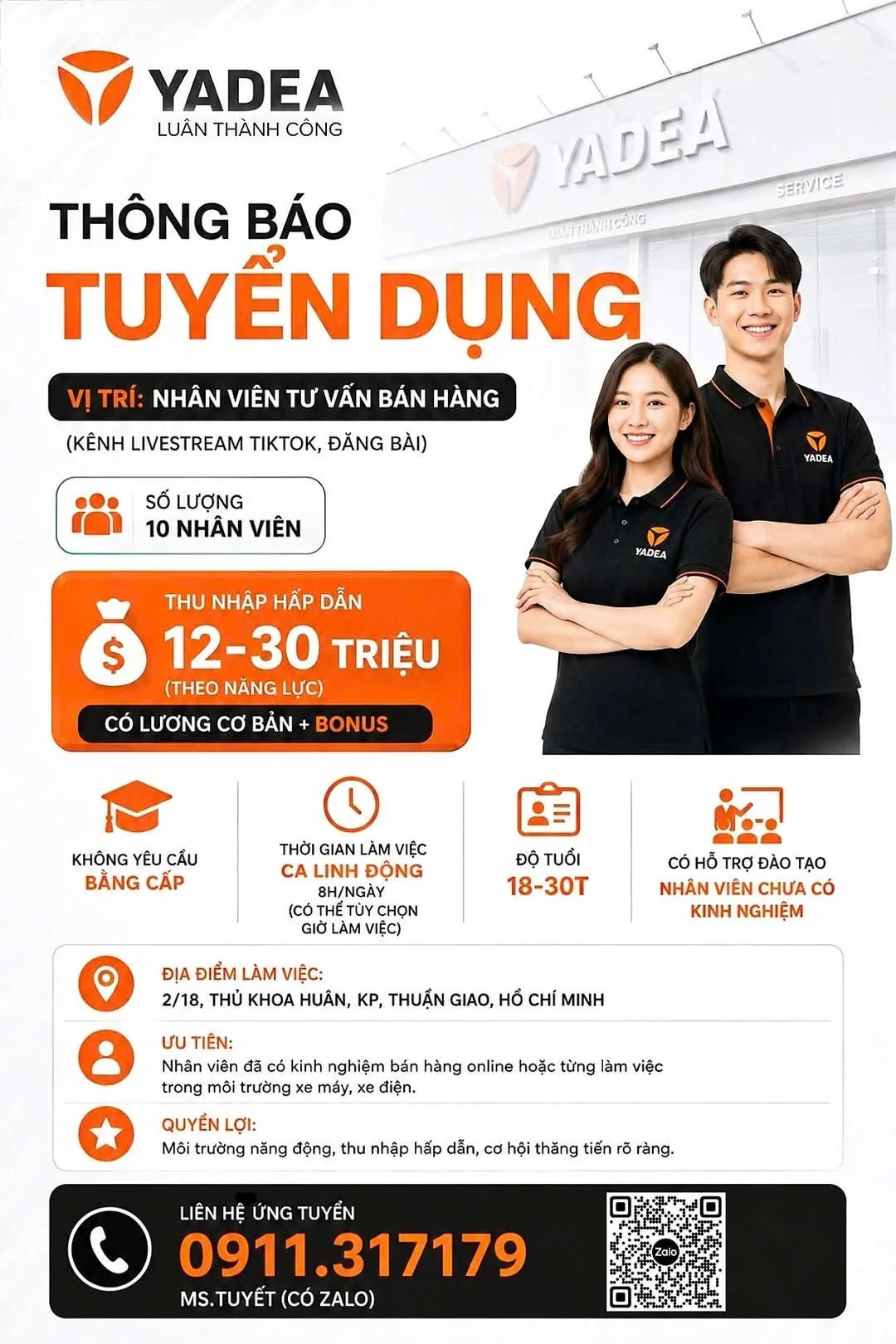 Yadea Luân Thành Công Thuận An tuyển dụng nhân viên tư vấn bán hàng livestream TikTok thu nhập 12-30 triệu