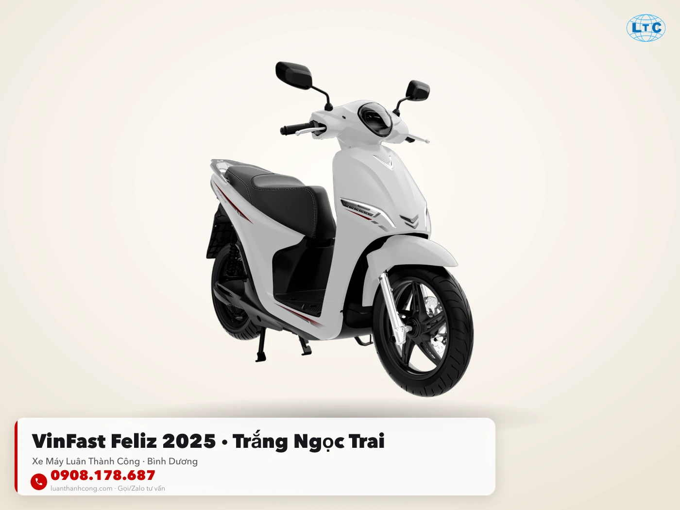 VinFast Feliz 2025 trắng ngọc trai tại Luân Thành Công Thuận An Bình Dương
