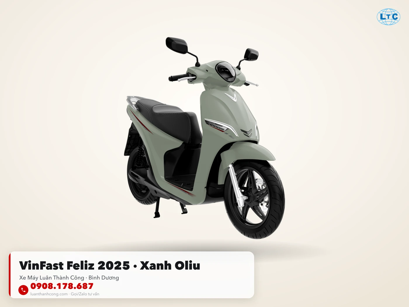 VinFast Feliz 2025 màu xanh oliu tại showroom Luân Thành Công Bình Dương